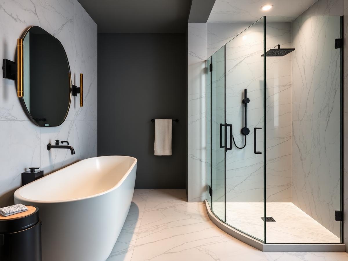 Remodeled bathroom with marble tile and matte black fixtures
